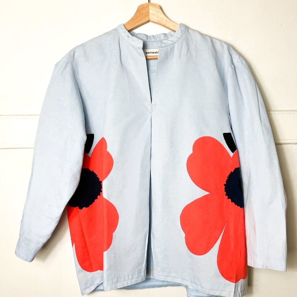 Marimekko Kaksi Heijastus Unikko Kerran Cotton Linen Shirt Size 34 US 2 Blue/Red - Picture 4 of 9